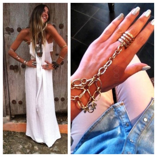 Two pictures of a woman wearing a white dress and bracelets.