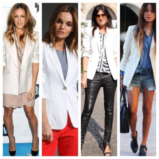 An elegant white blazer fashion collage featuring women.