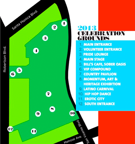A map indicating the location of the LA PRIDE 2013 Festival celebration grounds.
