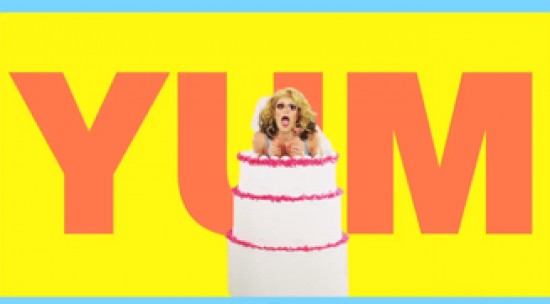 An image of a woman in a cake with the word yum.