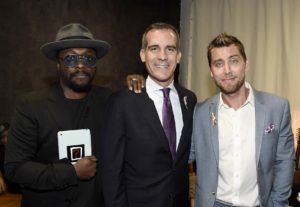 will.i.am, from left, LA Mayor Eric Garcetti and Lance Bass at onePULSE: A Benefit for Orlando at NeueHouse Hollywood. (Photo by Dan Steinberg/Invision for onePulse Foundation/AP Images)
