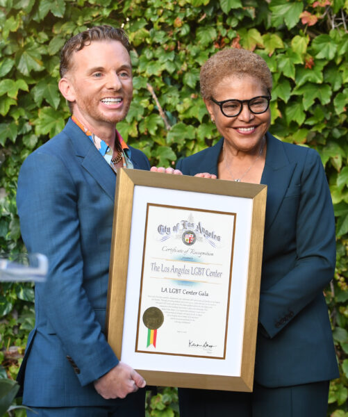 Joe Hollendoner and Mayor Karen Bass. (Photo by Jon Kopaloff/Getty Images for LALGBT Center)